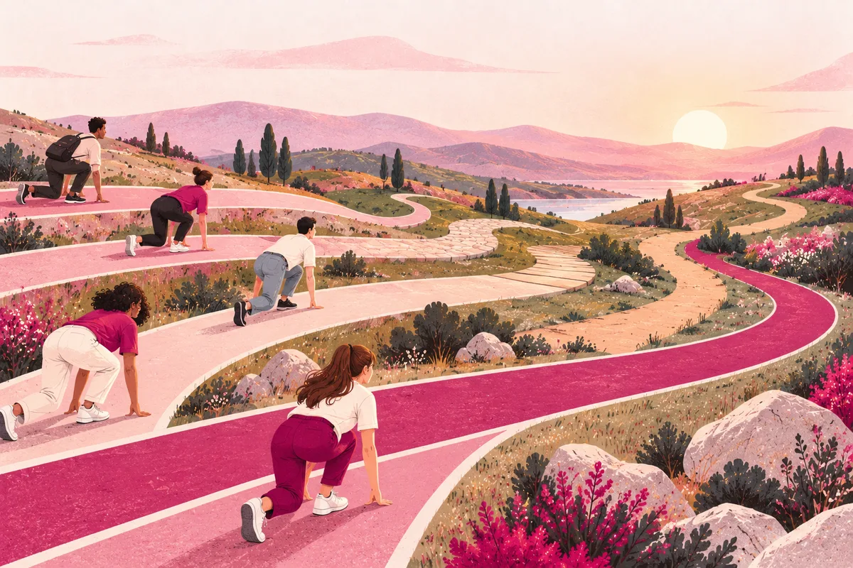 Persone partono da punti diversi su una pista che si apre in percorsi differenti
