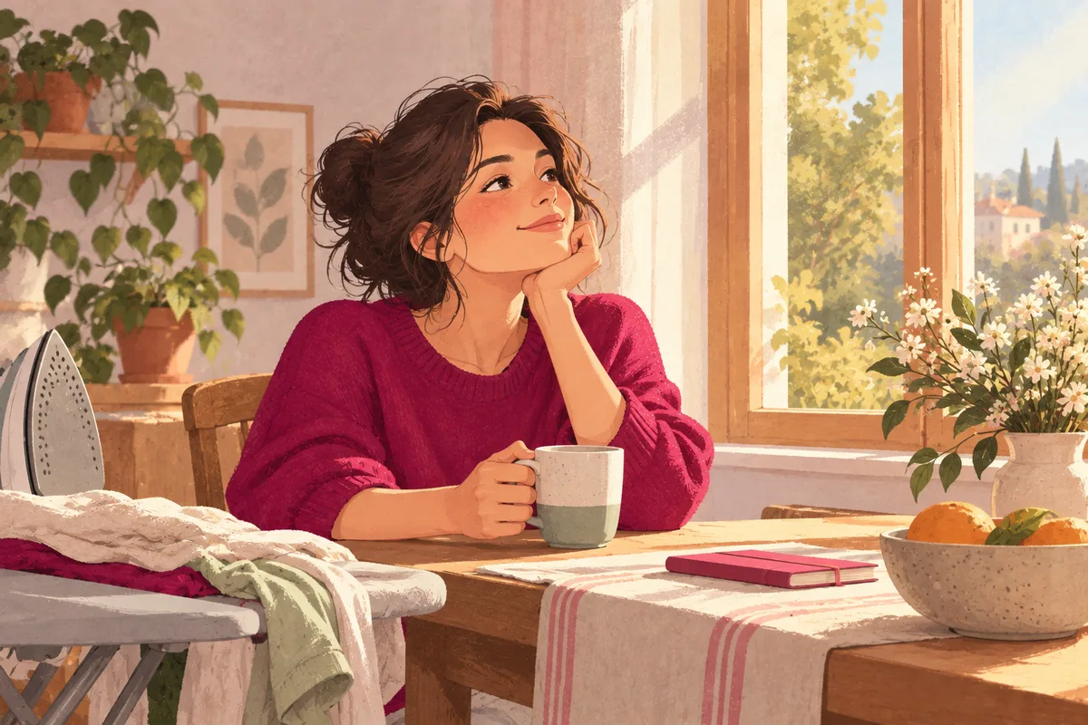 Persona in pausa vicino alla finestra si concede una bevanda calda durante una giornata normale
