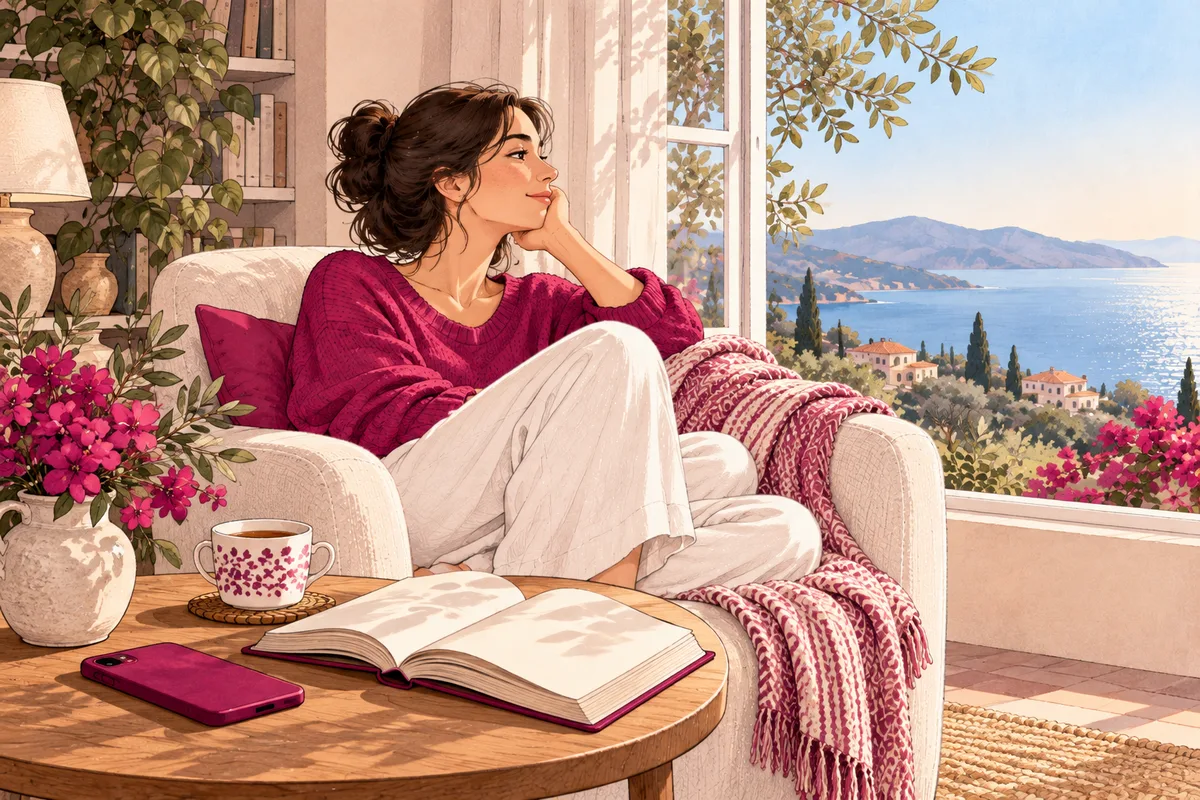 Donna riposa in poltrona accanto a un tavolino con telefono spento, libro aperto e tazza.