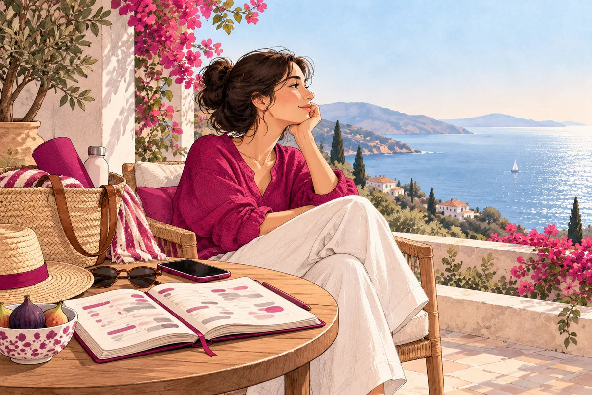 Donna su una terrazza greca guarda il mare, lasciando sul tavolo agenda, telefono e oggetti personali.