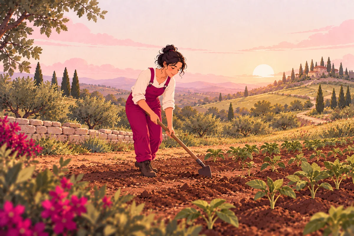 Persona prepara il terreno accanto a giovani piante ancora prive di frutti
