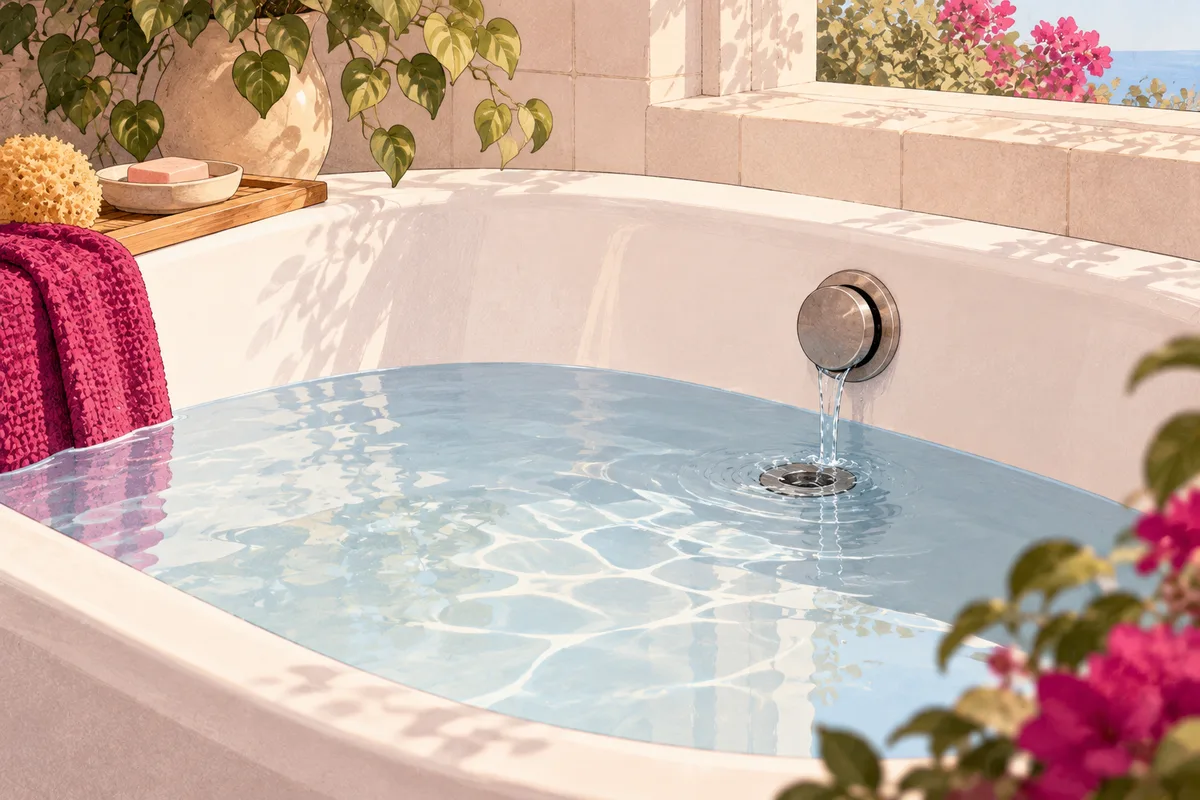 Vasca da bagno piena a metà con un tappo che lascia defluire lentamente un rivolo d'acqua.
